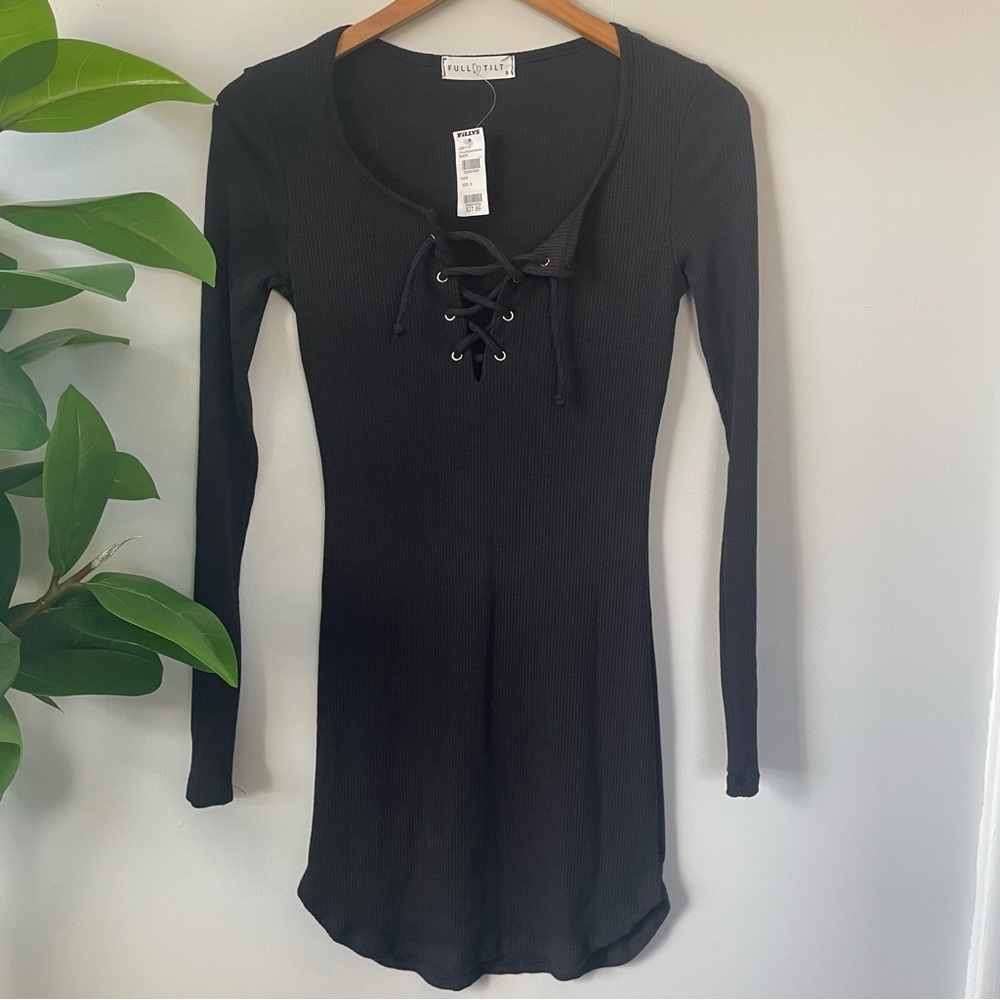 NWT Tilly’s Full Tilt Ribbed Body Con Black Long Sleeve Dress